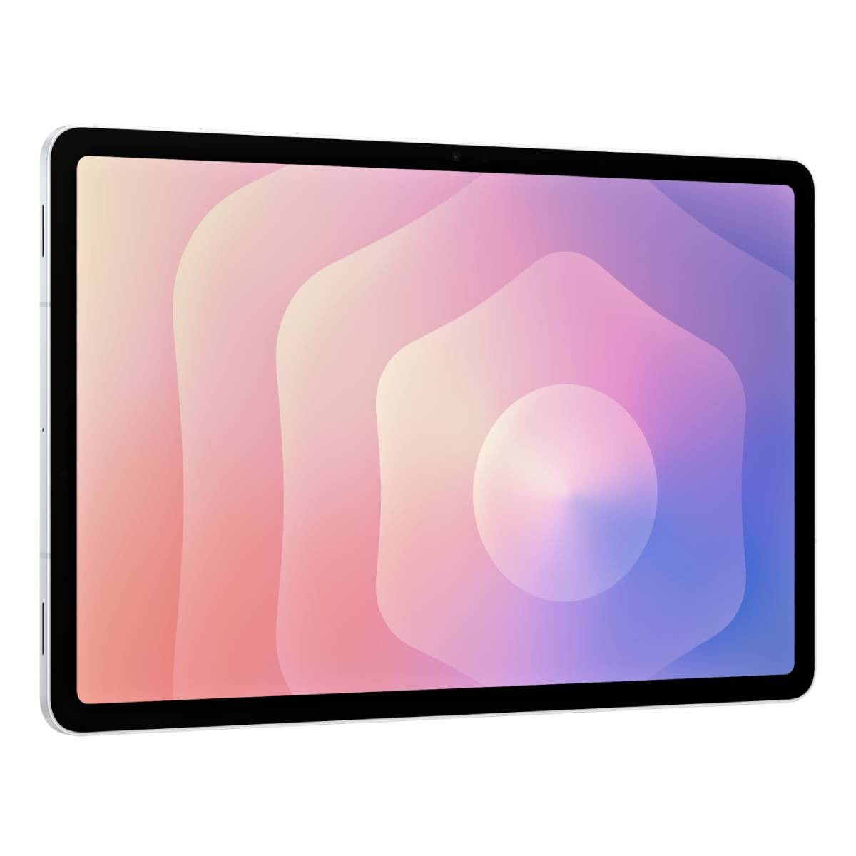 Un tablet grigio chiaro che mostra uno sfondo astratto e colorato sullo schermo.