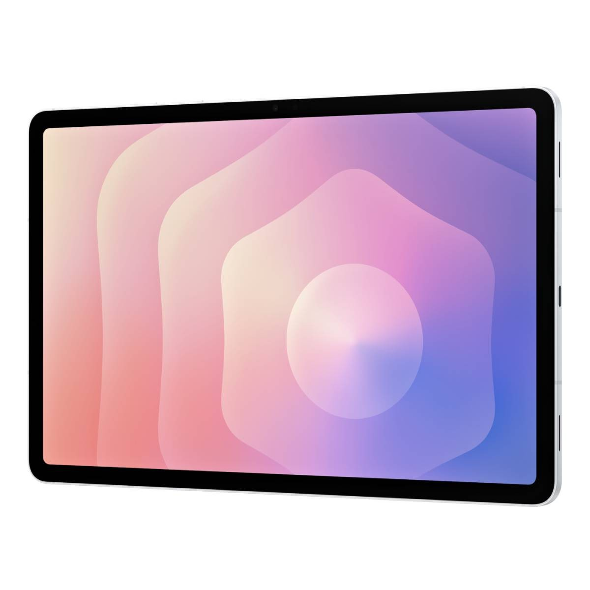 Un tablet con uno sfondo astratto e vibrante. I colori sono rosa, viola e blu.