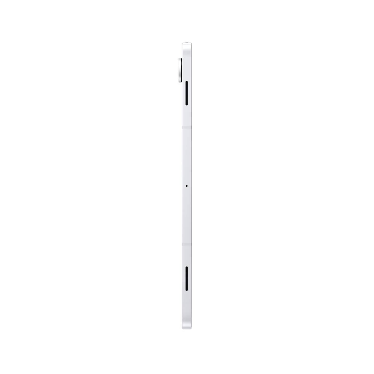 Un tablet bianco su sfondo bianco, visto di lato.
