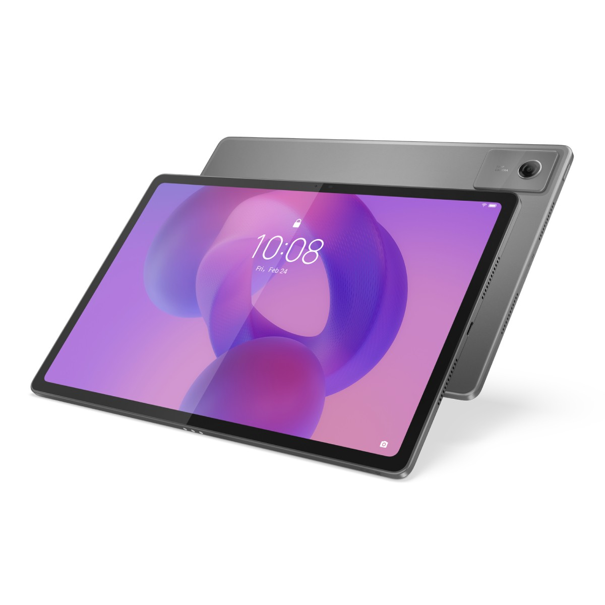 Tablet grigio con immagine di sfondo viola e ora 10:08.