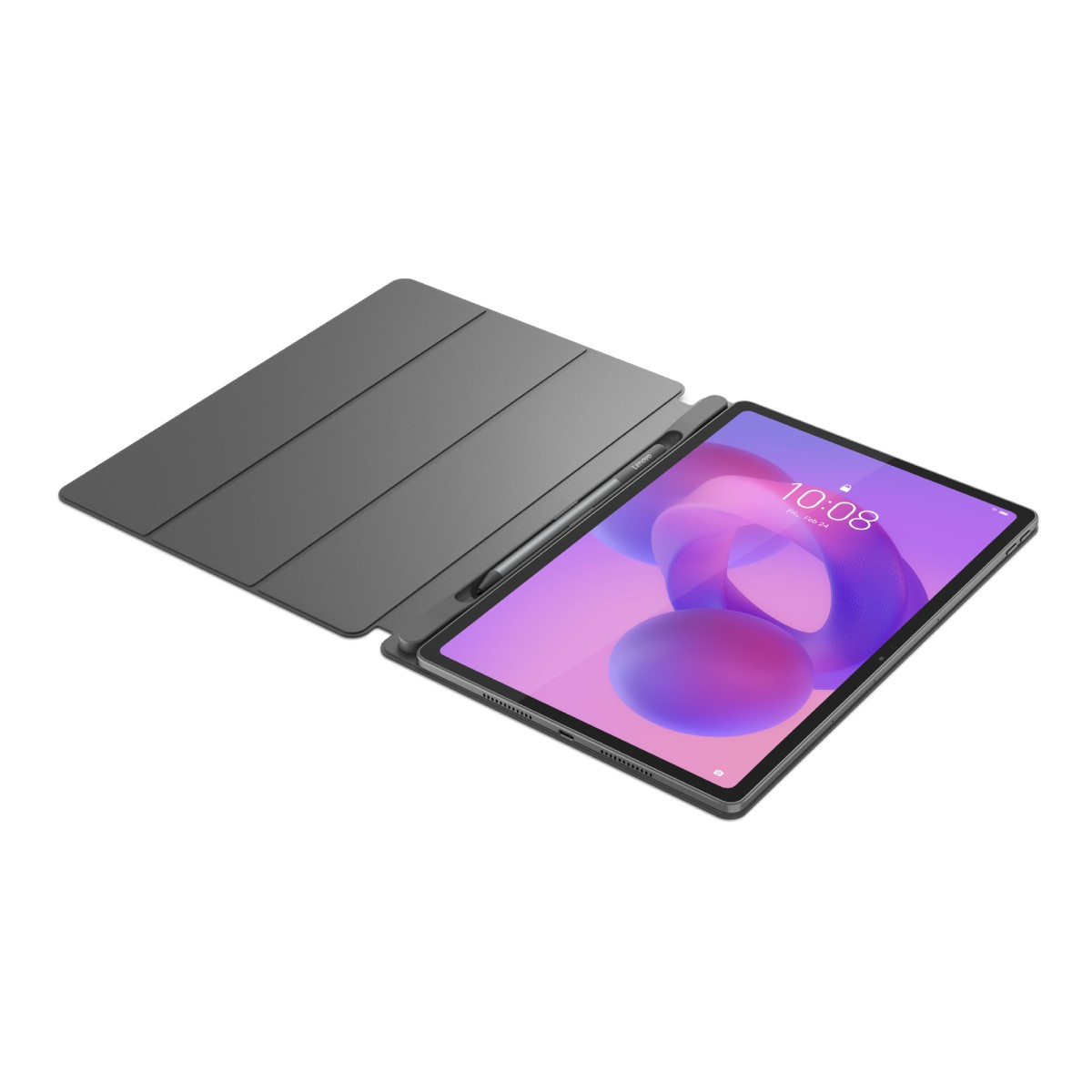 Un tablet grigio con custodia e stilo è mostrato su sfondo bianco.