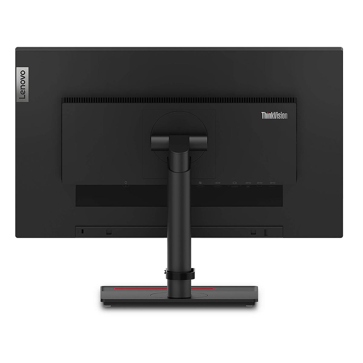 Tył czarnego monitora Lenovo ThinkVision ze stojakiem i portami.