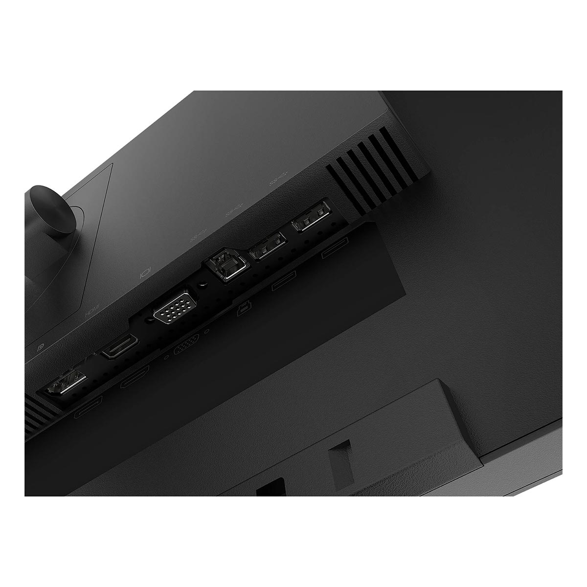 Tył czarnego monitora z portami: HDMI, VGA, USB-A, USB-C i DisplayPort.