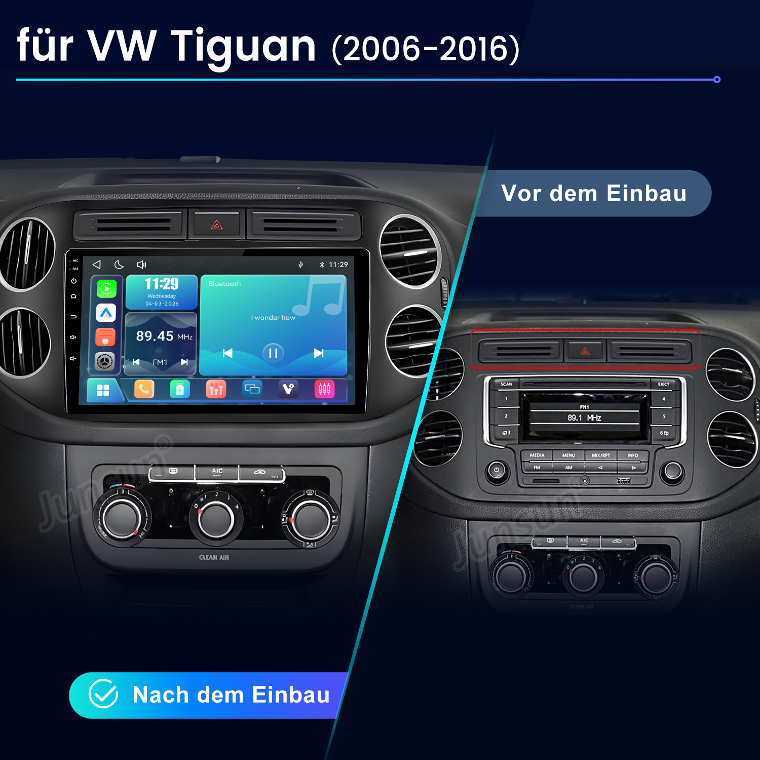 Vorher/Nachher Vergleich eines VW Tiguan Infotainmentsystems.