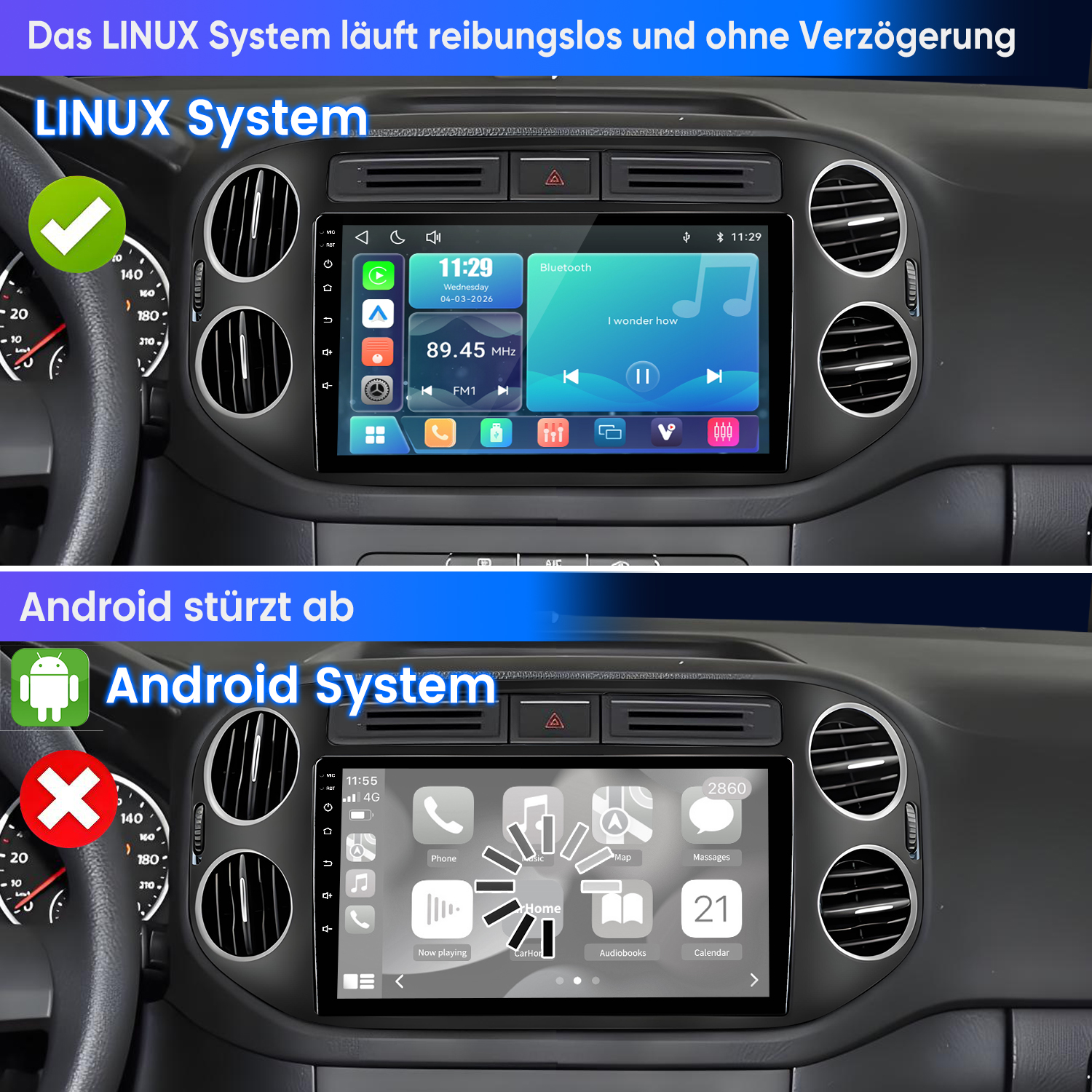 Zwei Autodisplays: Oben Linux-System mit grüner Markierung, unten Android mit rotem Kreuz.