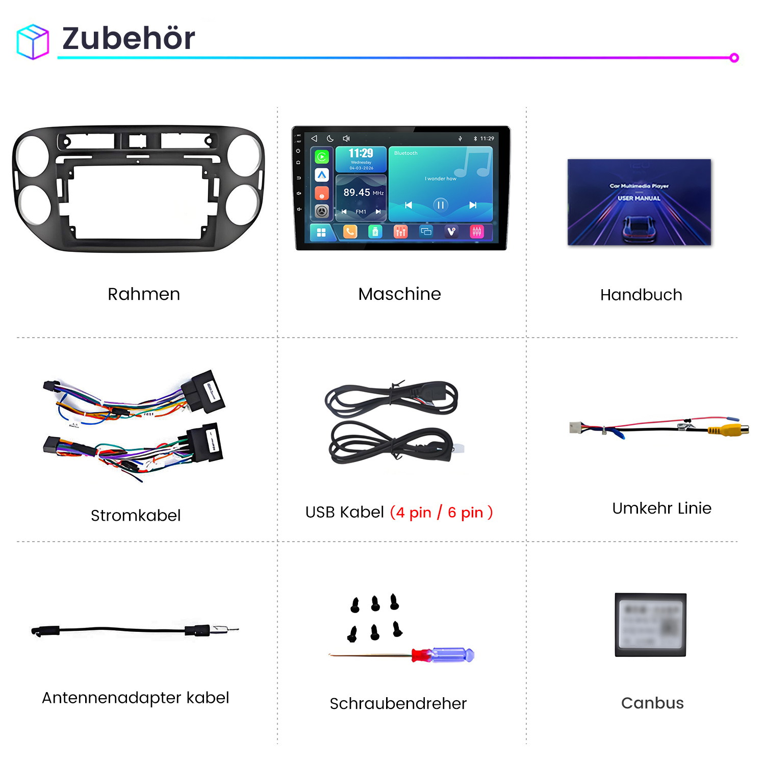 Zubehör: Rahmen, Maschine, Handbuch, Stromkabel, USB Kabel, Umkehr Linie, Antennenadapter, Schraubendreher, Canbus.