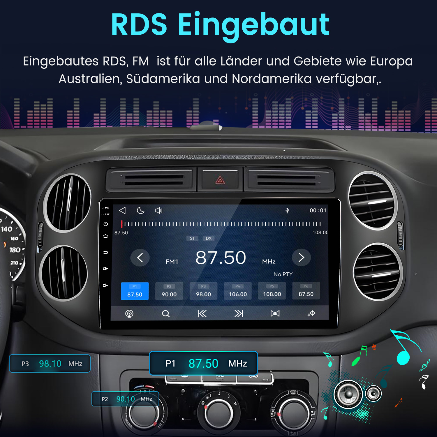 Ein Autoradio mit RDS-Anzeige, das UKW-Frequenzen und Senderliste zeigt.