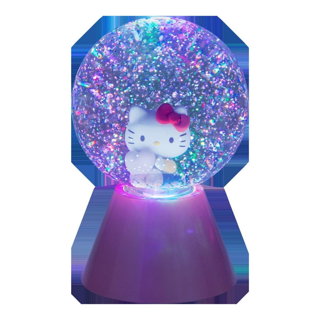 Błyszcząca kula śnieżna Hello Kitty z podświetlaną podstawą.