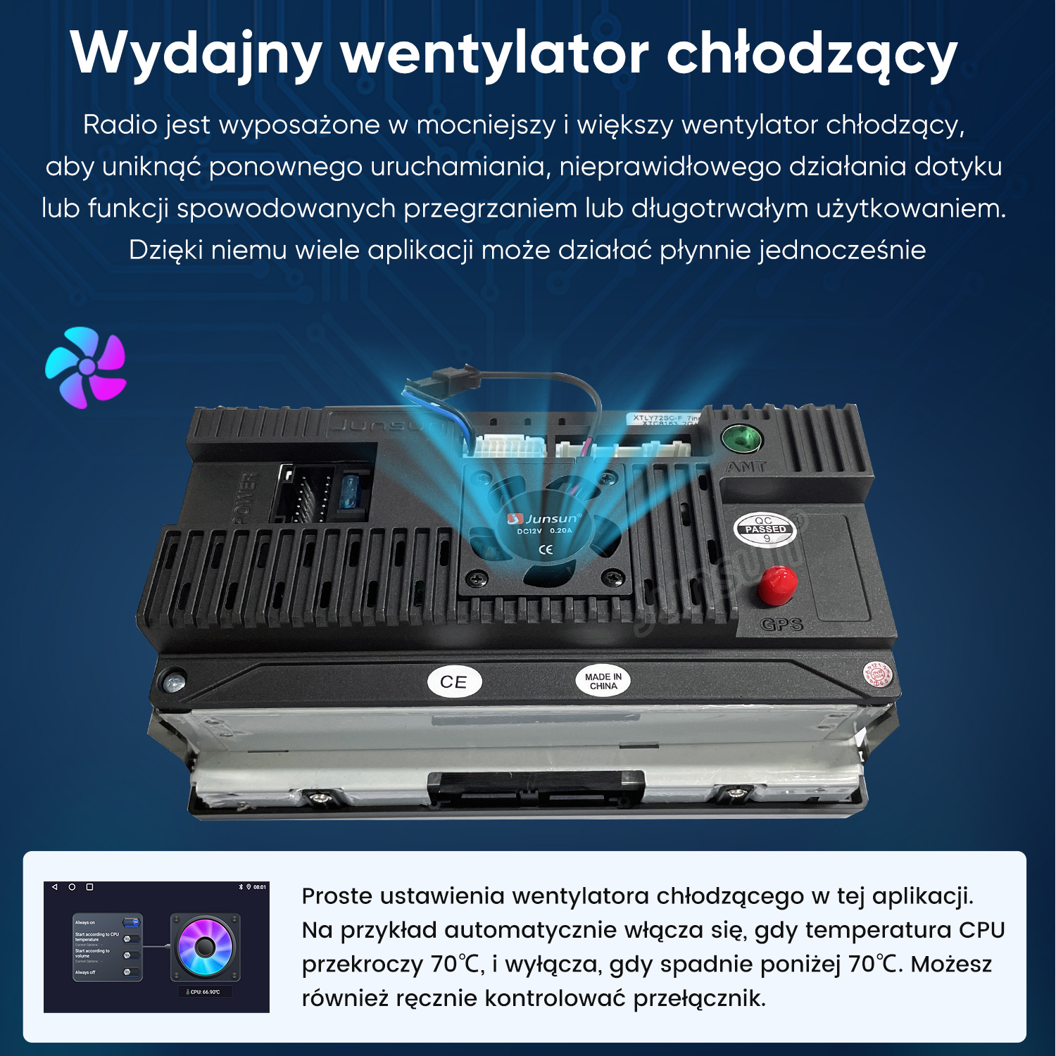 Radio samochodowe z wentylatorem i interfejsem oprogramowania. Grafika niebieskiego i różowego wentylatora.