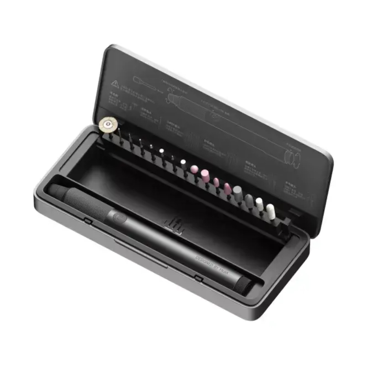 Un utensile elettrico nero con vari accessori in una custodia grigia.