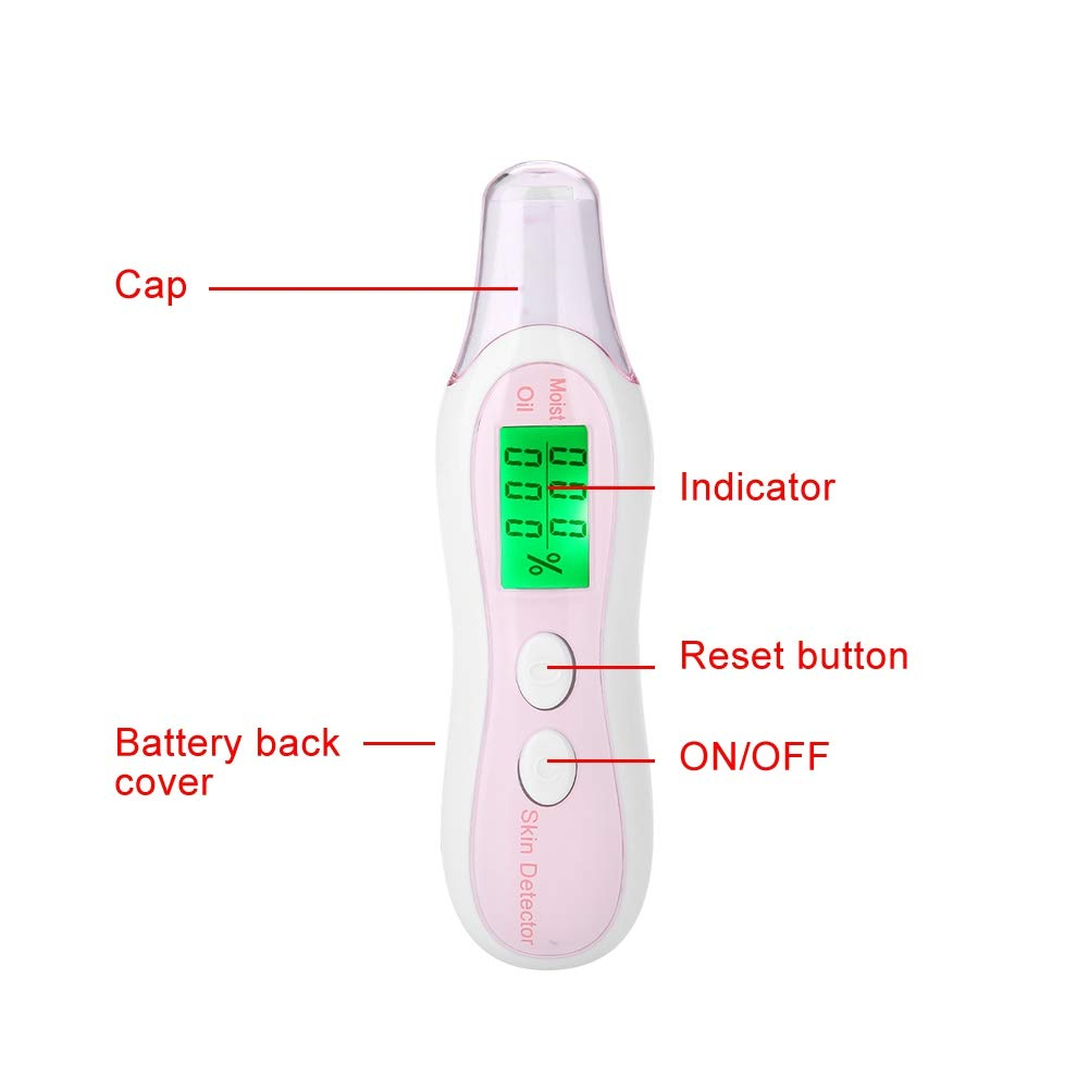 Ein rosa Hautdetektor mit digitaler Anzeige und Knöpfen.