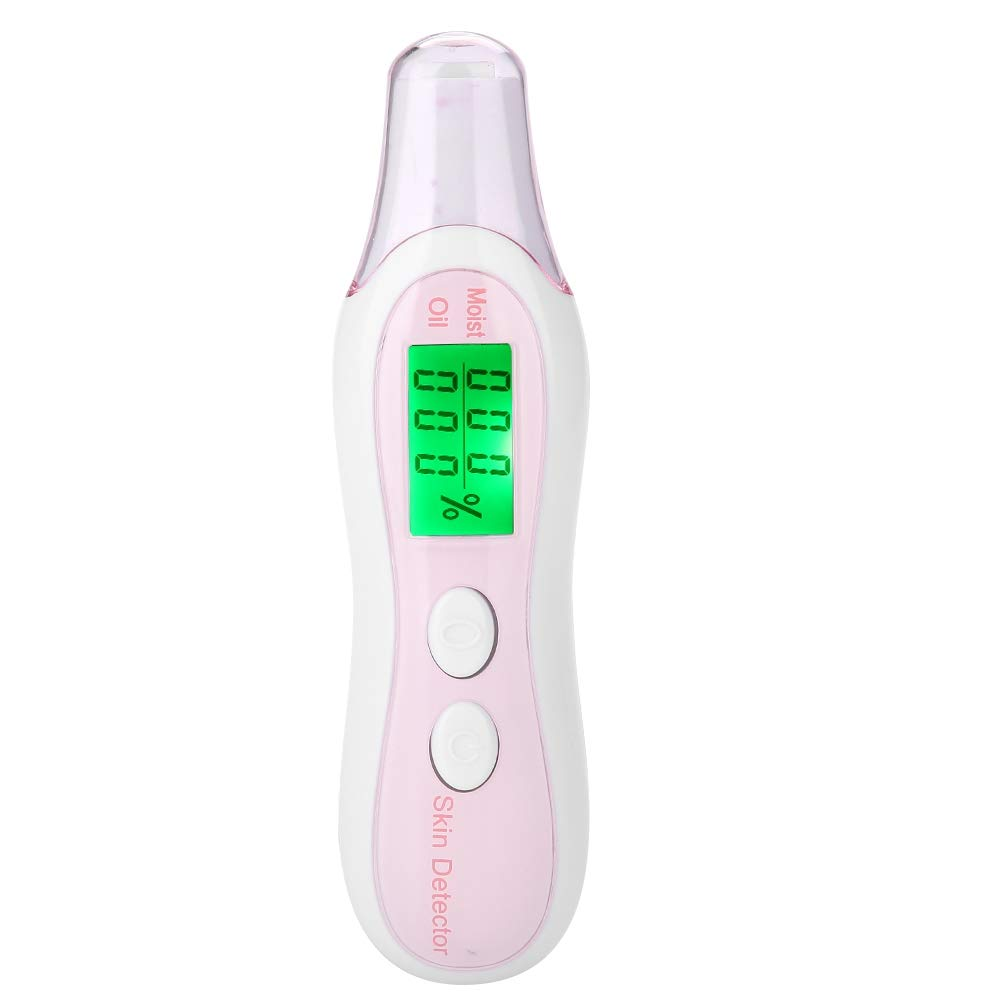 Ein weißer Hautdetektor mit rosa Akzenten und grünem LCD-Bildschirm.