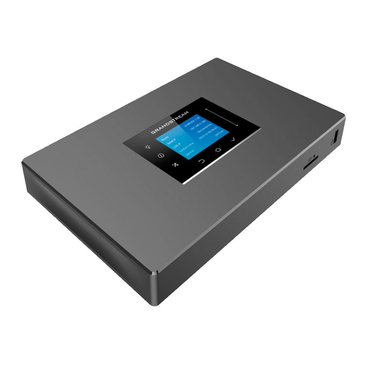Un dispositivo Grandstream grigio con un piccolo schermo che visualizza informazioni di rete.