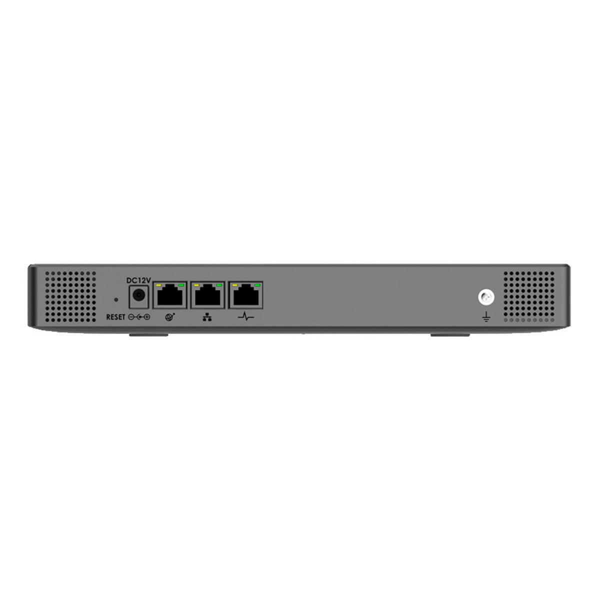 Dispositivo di rete grigio con porte: DC12V, Reset, 2x Ethernet, Terra.