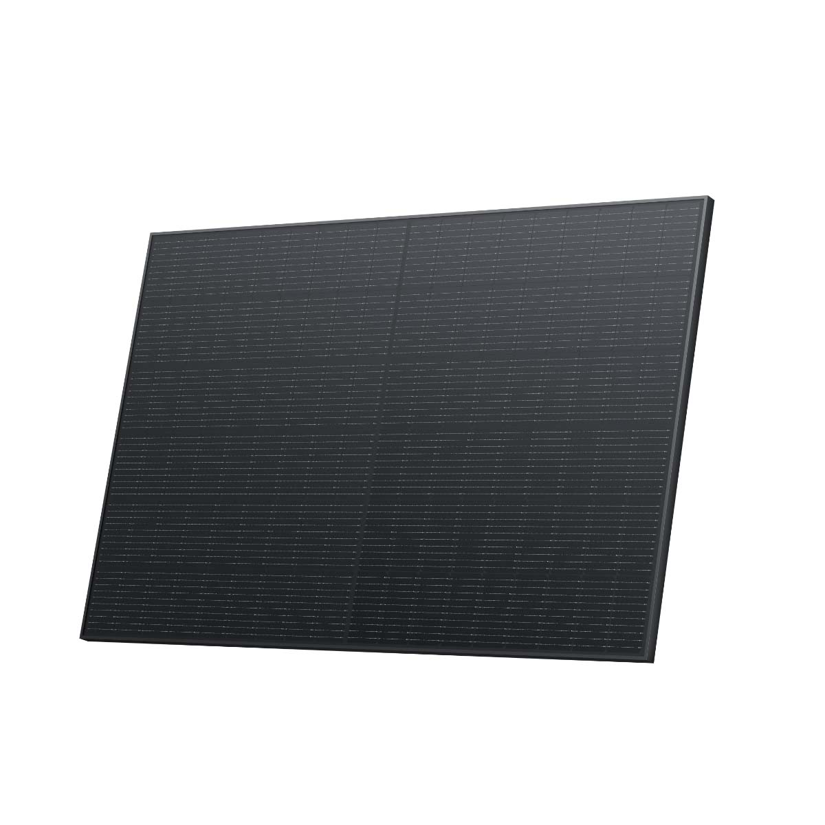 Un pannello solare rettangolare scuro con cornice nera, isolato su sfondo bianco.