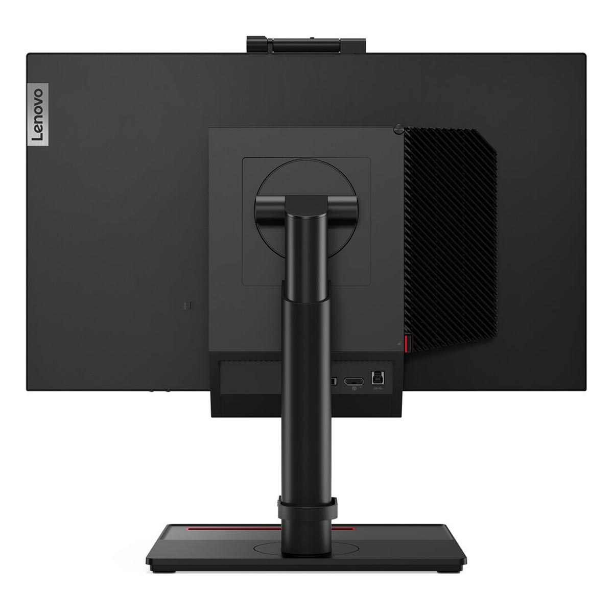 Tył czarnego monitora Lenovo z regulowanym stojakiem i portami.