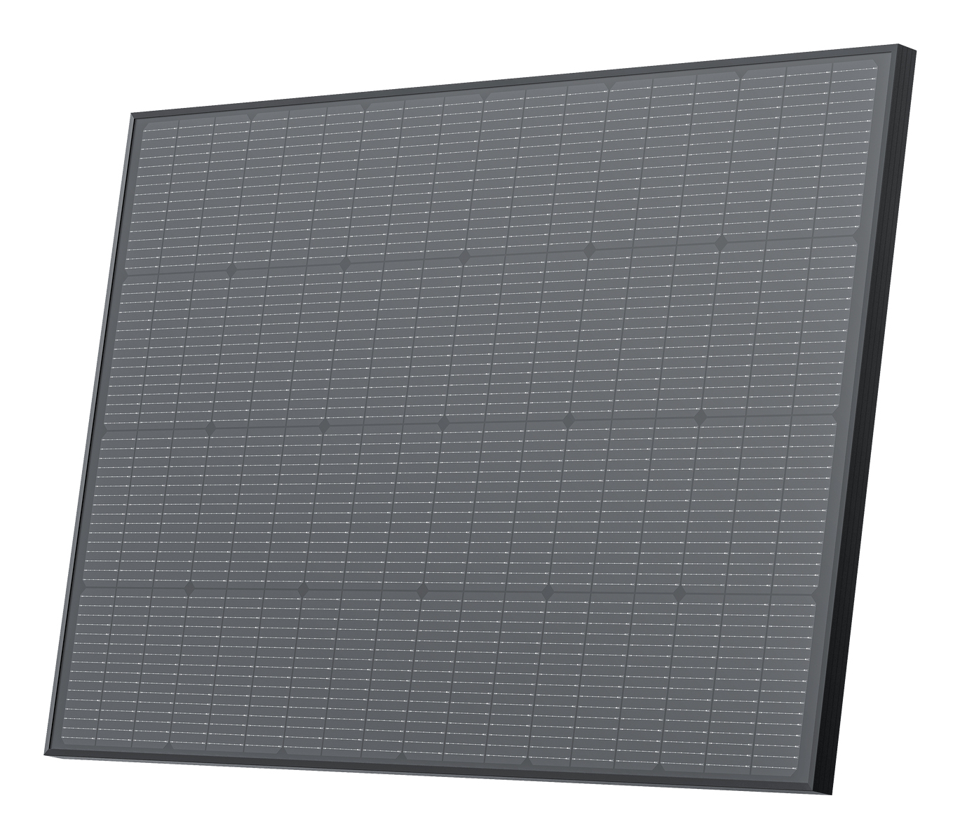 Pannello solare grigio con cornice nera su sfondo bianco.