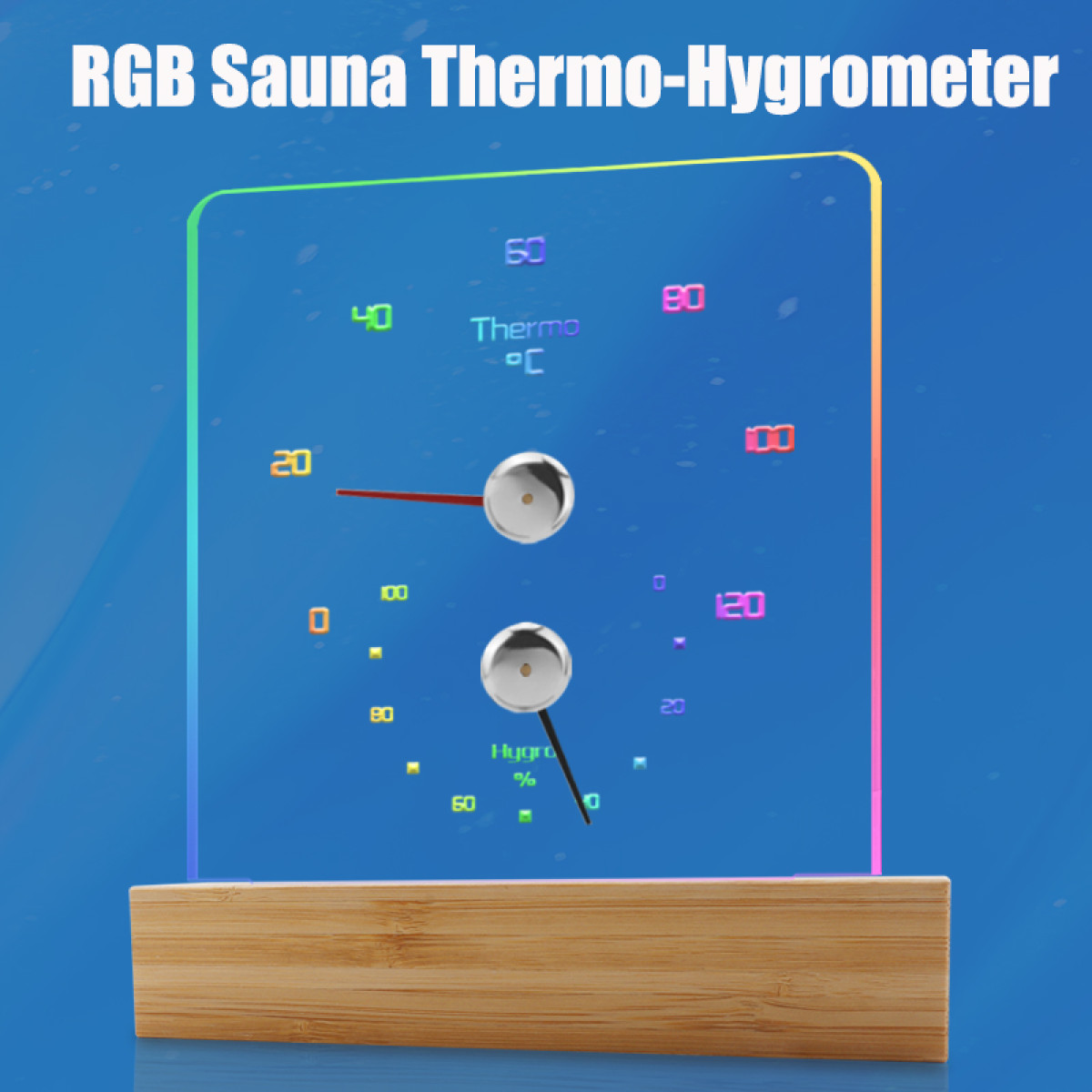 RGB Sauna Thermo-Hygrometer. Temperatur 20°C, Luftfeuchtigkeit 60%.