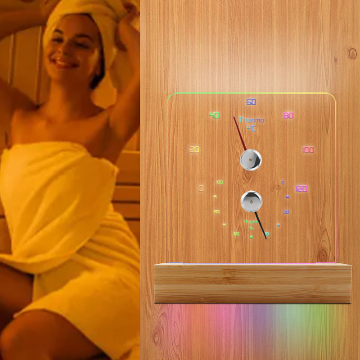 Eine Frau in einem Handtuch lächelt, neben einem Thermo-Hygrometer aus Glas.