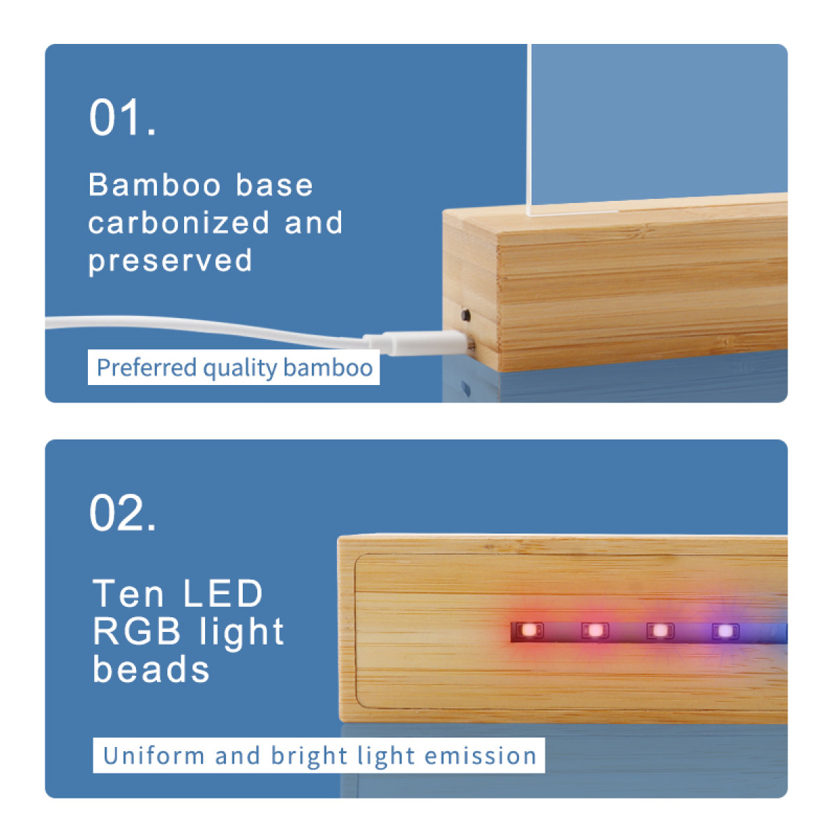 Bambusbasis, karbonisiert und konserviert. Zehn RGB-LED-Lichtperlen.