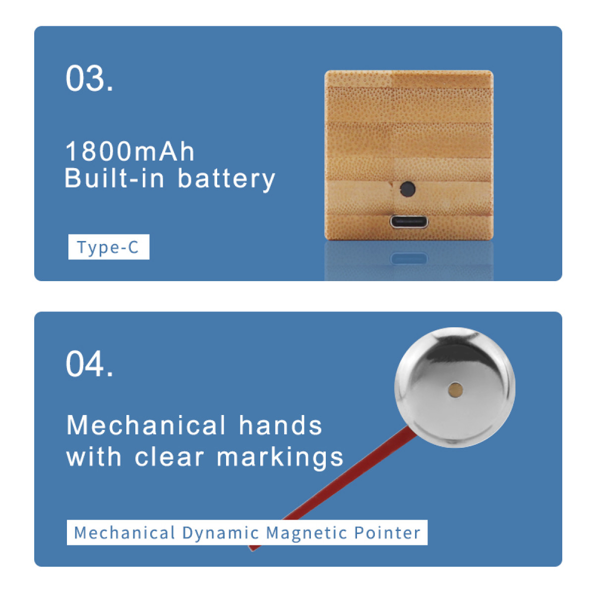 Holzgehäuse mit Typ-C-Anschluss, 1800mAh Akku.