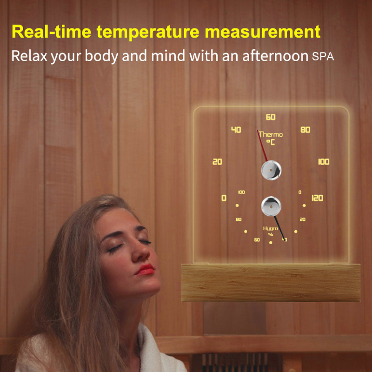 Frau entspannt sich in einer Sauna neben einem Thermohygrometer.