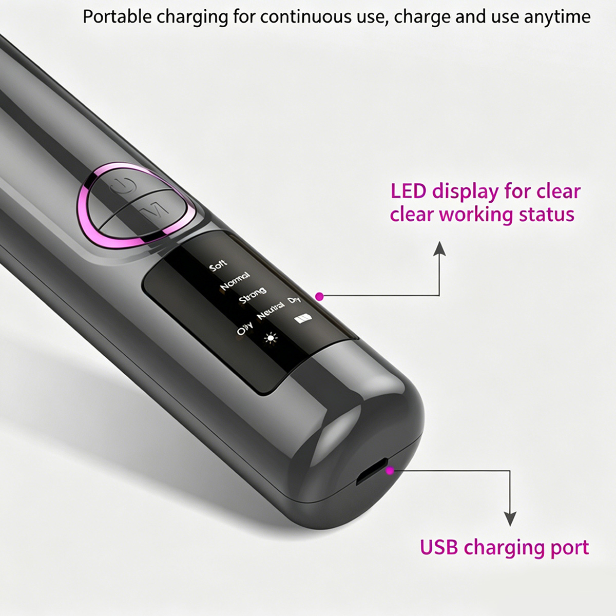Graues Gerät mit LED-Display und USB-Anschluss. Modi: Soft, Normal, Strong, Oily, Neutral, Dry.