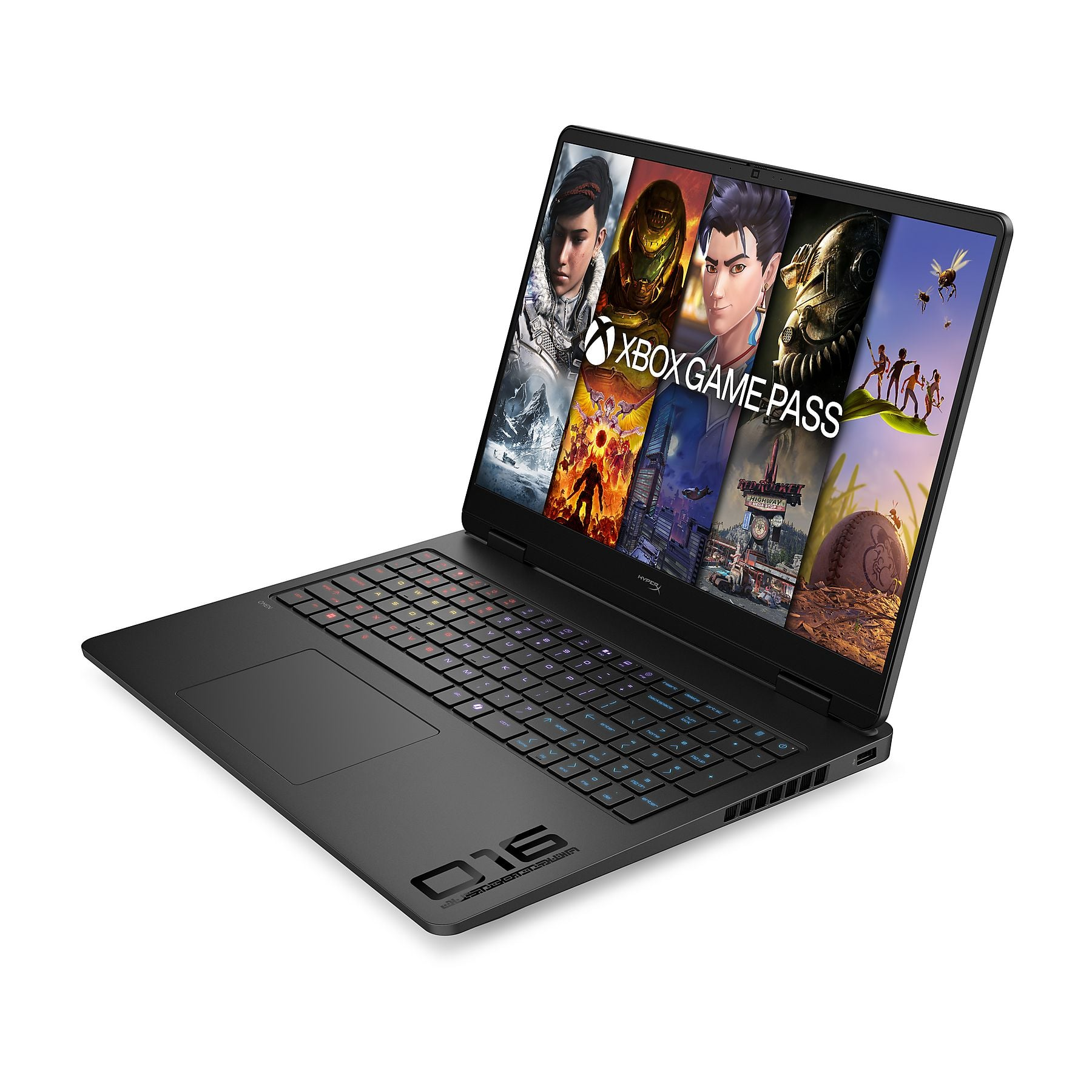 Laptop nero con loghi Xbox Game Pass e arte di gioco sullo schermo.