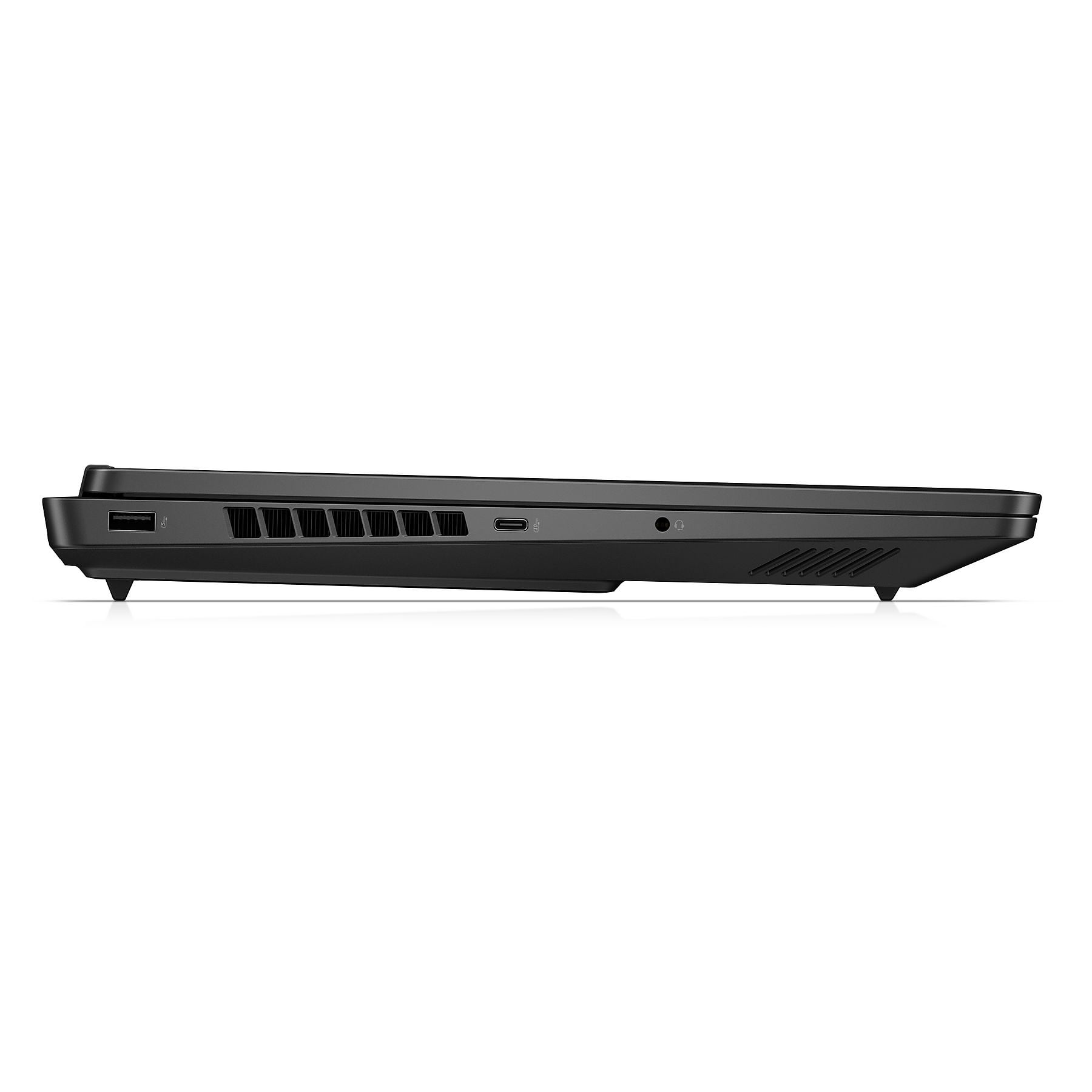 Lato porte del laptop nero con USB, USB-C e jack per cuffie.