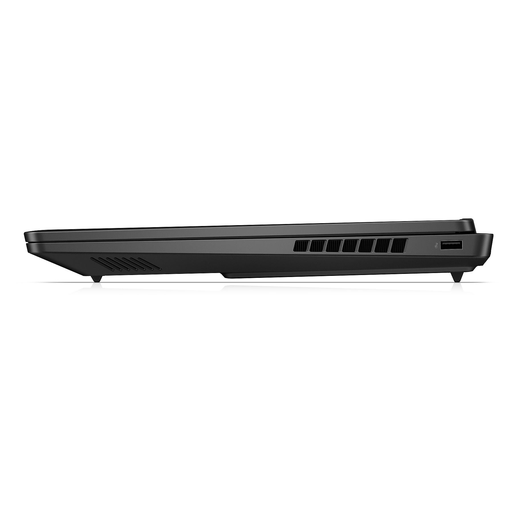 Lato di un laptop nero con prese d'aria e porta USB. Design minimalista.