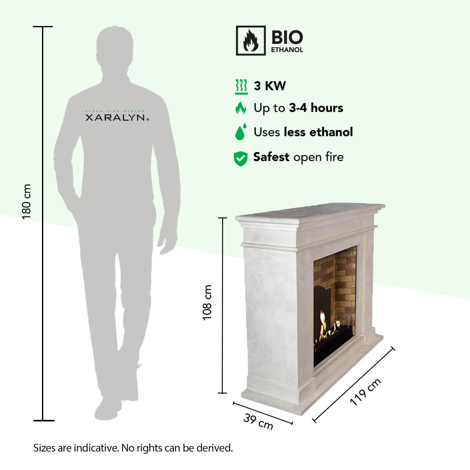 Een man (180cm) naast een bio-ethanol haard (108cm H, 119cm B, 39cm D).