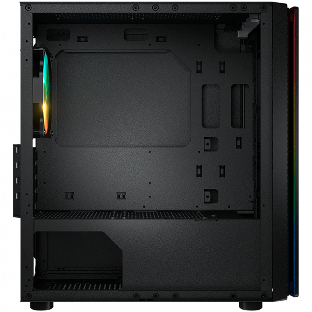 Case del computer nero con ventola e illuminazione RGB sul lato.