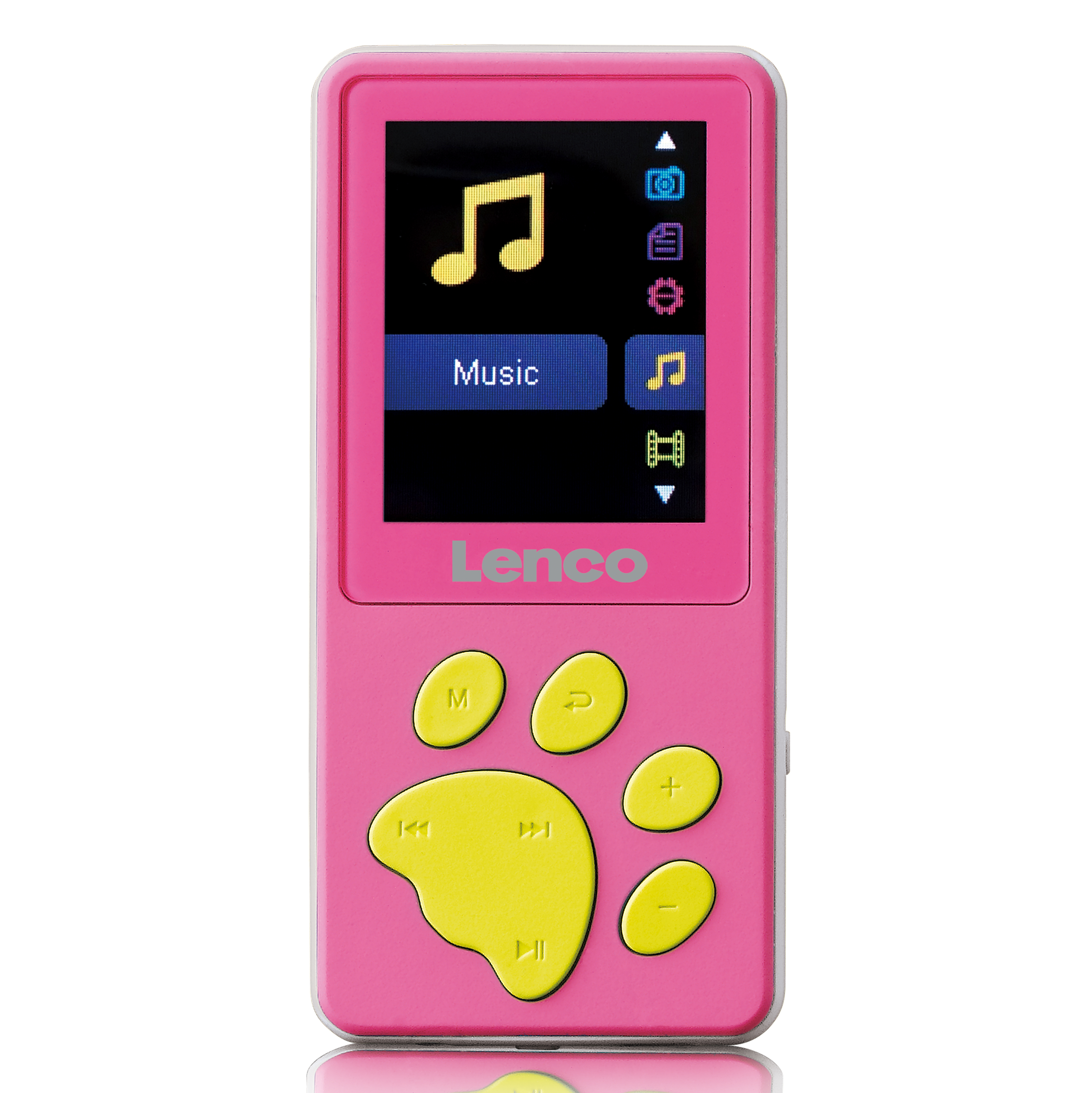 Ein rosa Lenco MP3-Player mit gelben Tatzen-Tasten und einem Musik-Symbol auf dem Display.