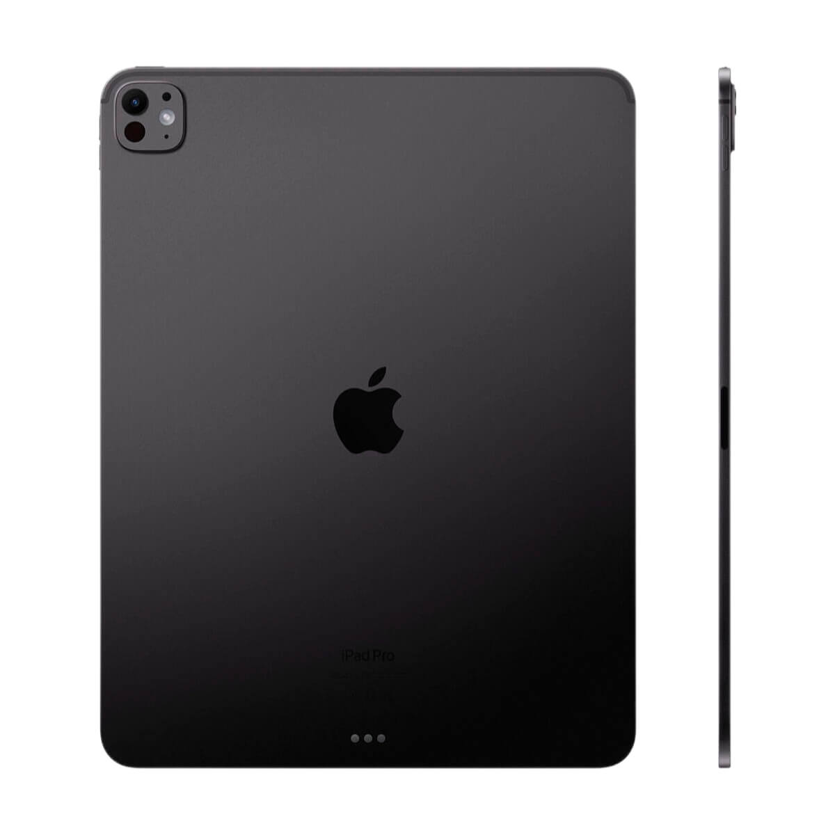 Ciemnoszare iPad Pro z logo Apple i modułem kamery, widok z boku.