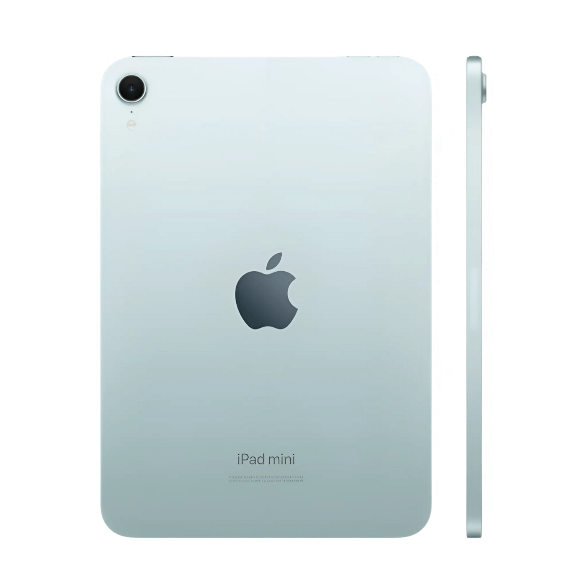 Jasnoniebieski iPad mini z logo Apple i aparatem z tyłu.