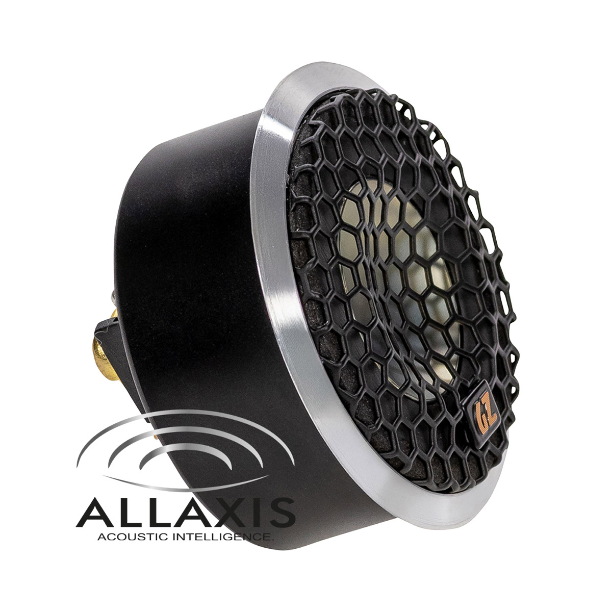Schwarzer Lautsprecher mit silbernem Ring und schwarzem Gitter. ALLAXIS Logo unten links.
