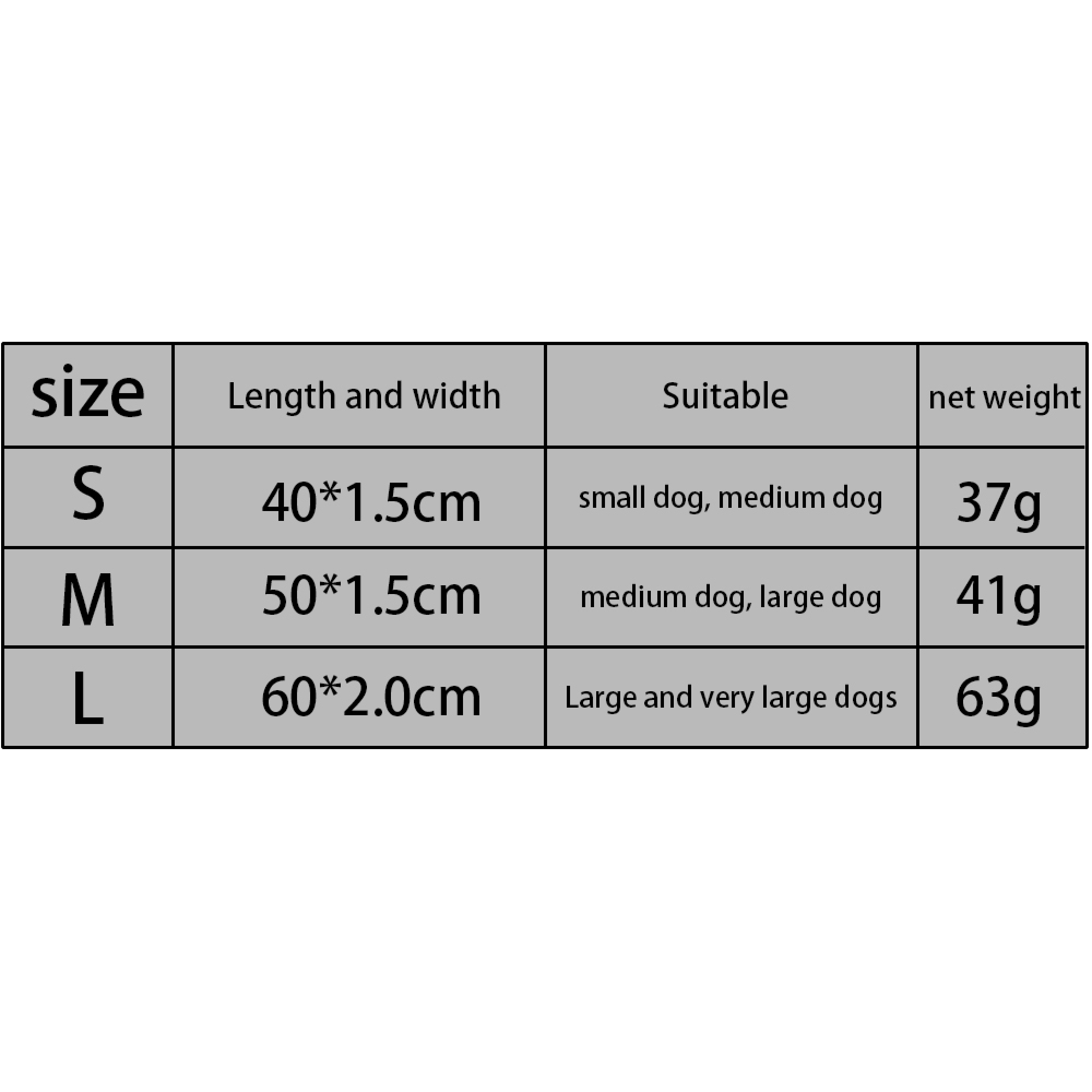 Größentabelle: S (40x1,5cm) für kleine/mittlere Hunde, 37g. M (50x1,5cm) für mittlere/große Hunde, 41g. L (60x2cm) für große Hunde, 63g.