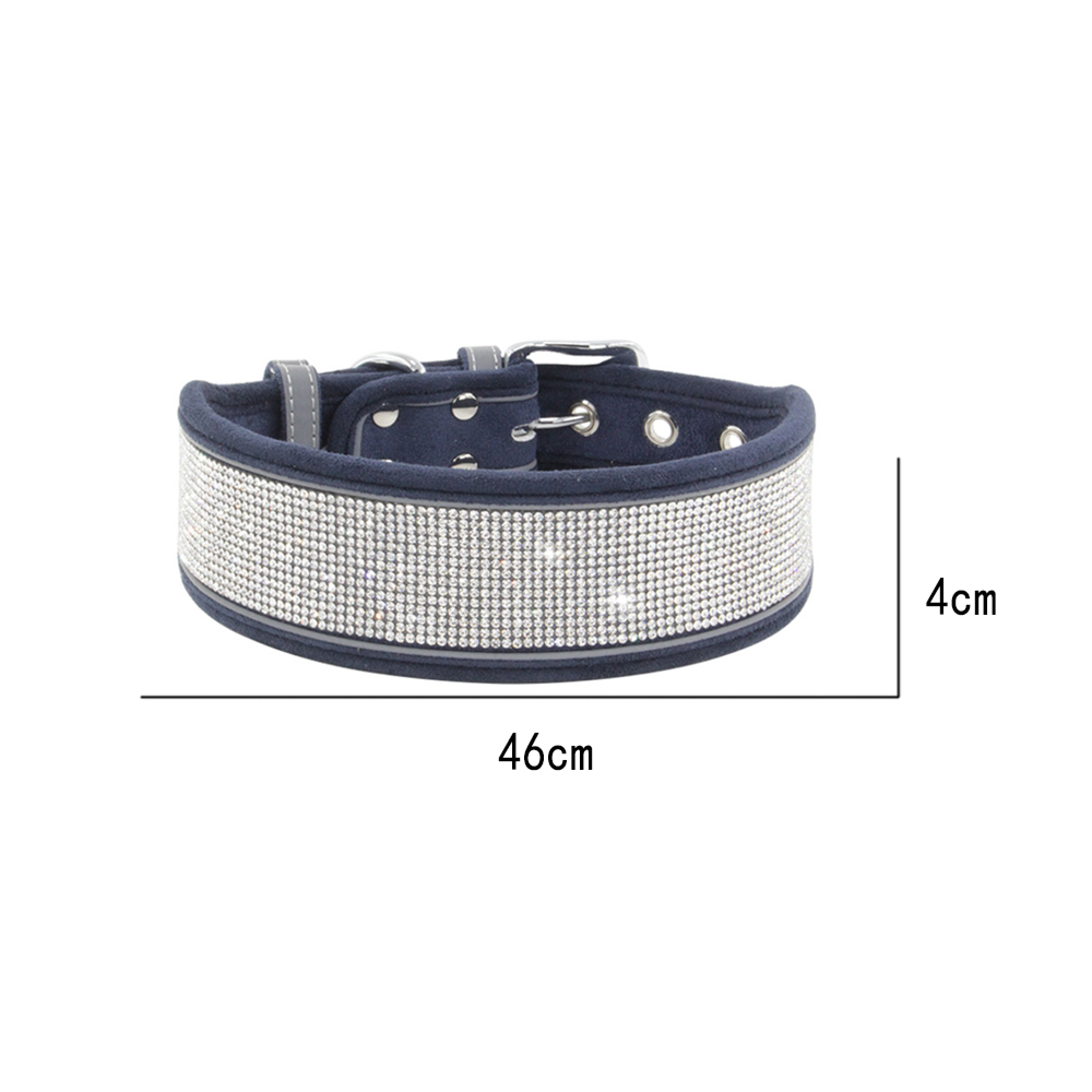 Ein dunkelblauer Hundehalsband mit Glitzersteinen, 46cm lang und 4cm breit.