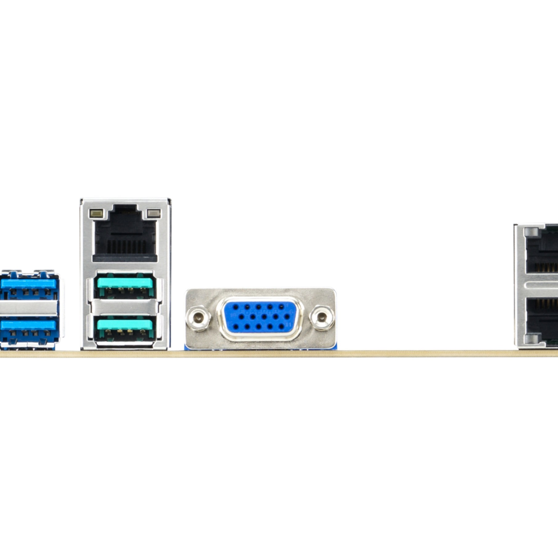 Panneau de ports avec USB, réseau et VGA sur fond blanc.