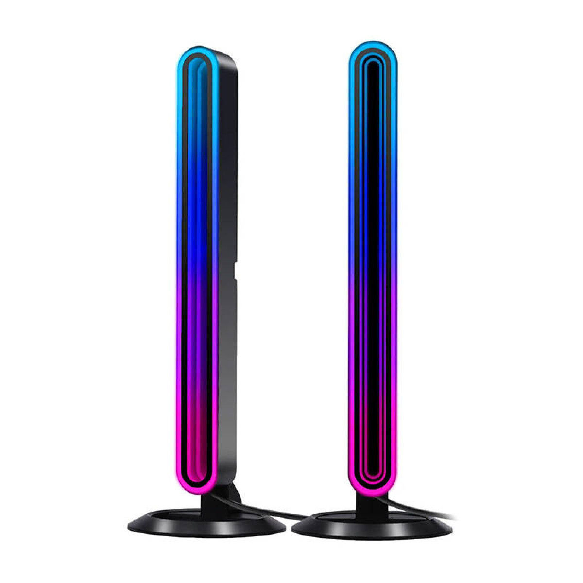 Due luci LED alte e sottili con basi nere, brillano di blu e viola.