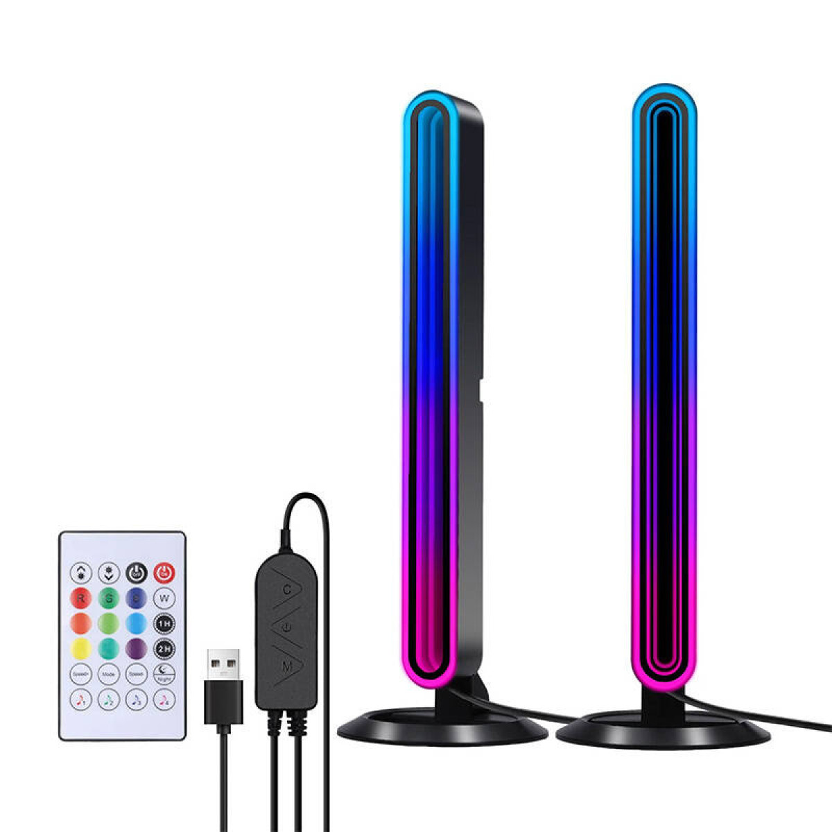 Due LED alti e sottili con sfumatura blu-viola, telecomando e cavo USB.