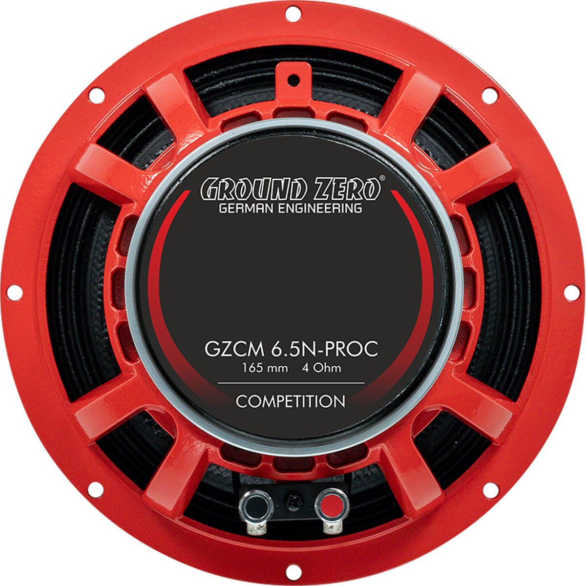 Ein roter Ground Zero Lautsprecher mit schwarzem Konus und Text 'GZCM 6.5N-PROC'.