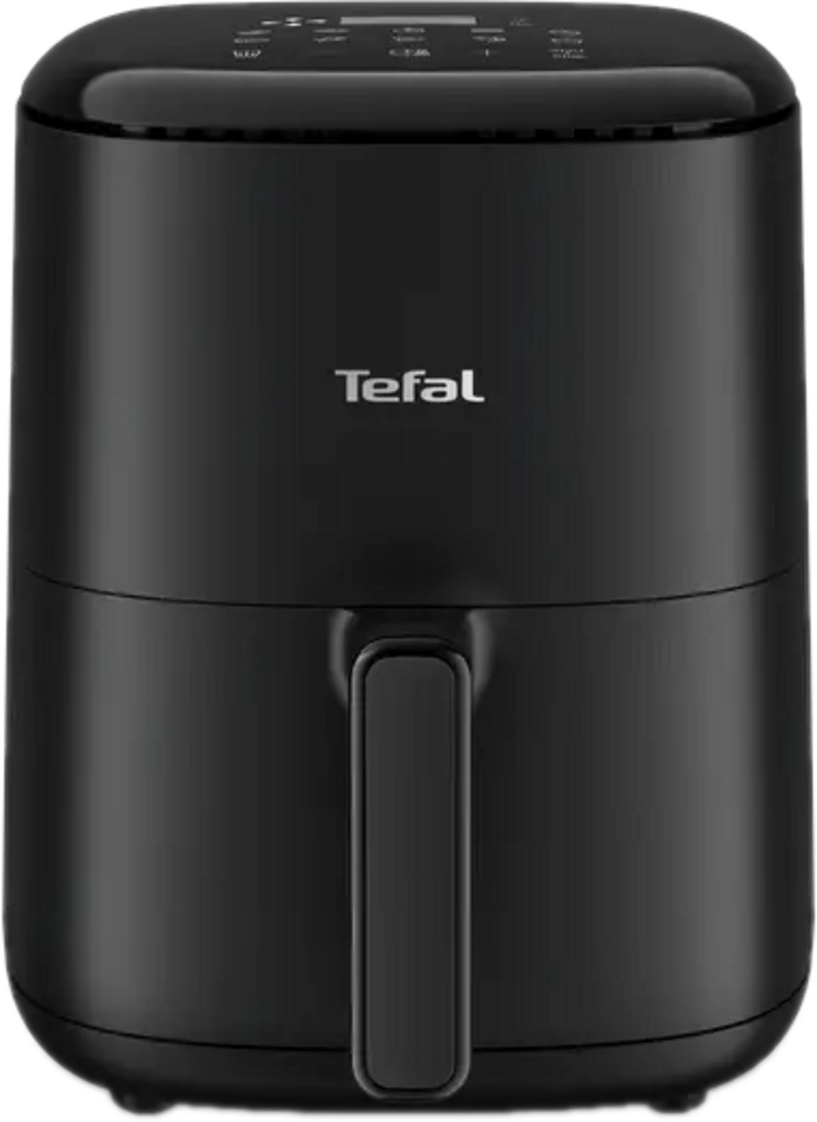 Una friggitrice ad aria Tefal nera con pannello di controllo in alto e maniglia davanti.