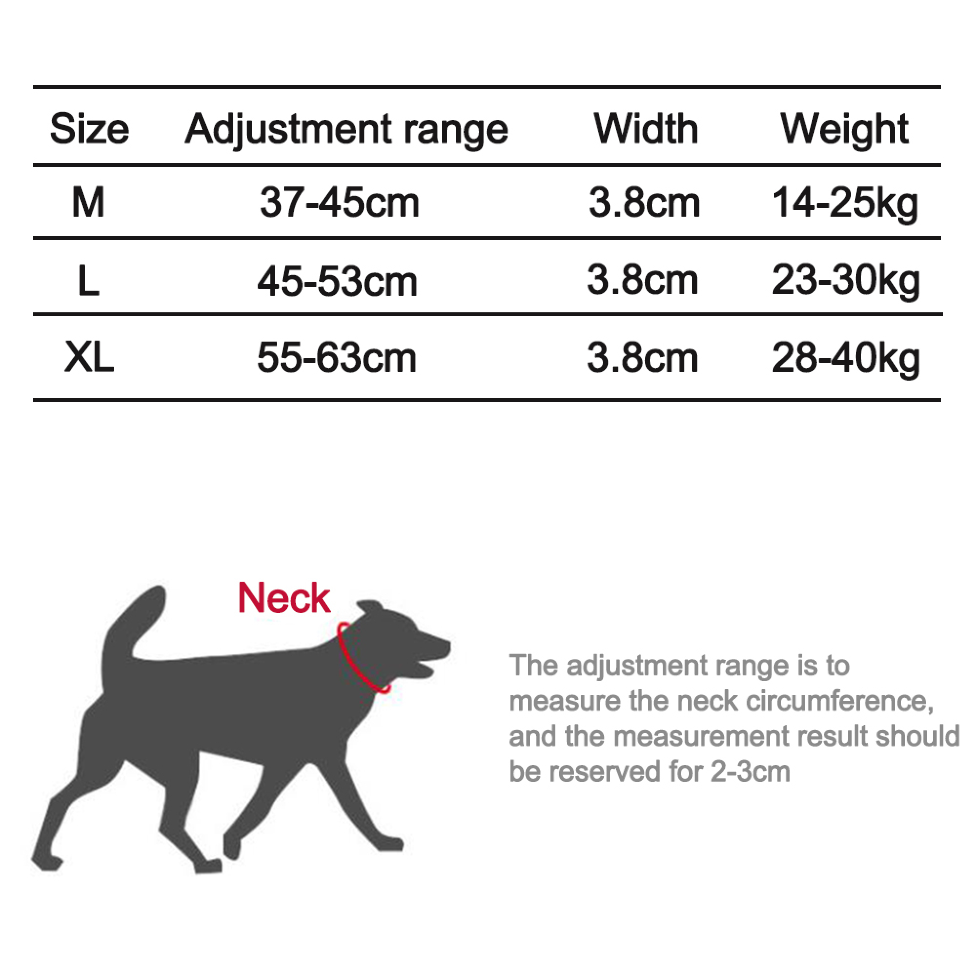Größentabelle für Hundehalsbänder: M, L, XL mit Anpassungsbereichen, Breiten und Gewichten.