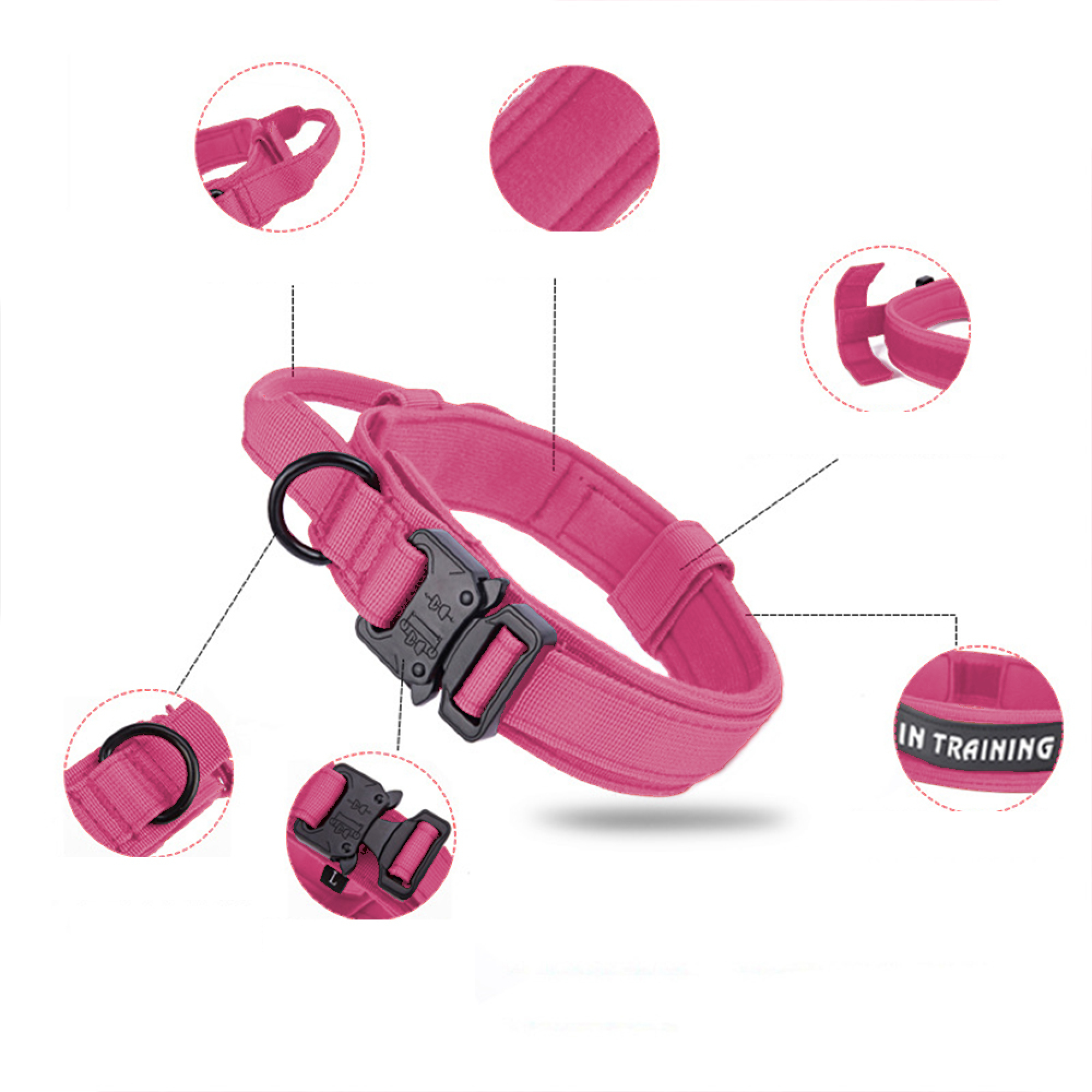Ein pinker Hundehalsband mit schwarzer Schnalle und Metallring.