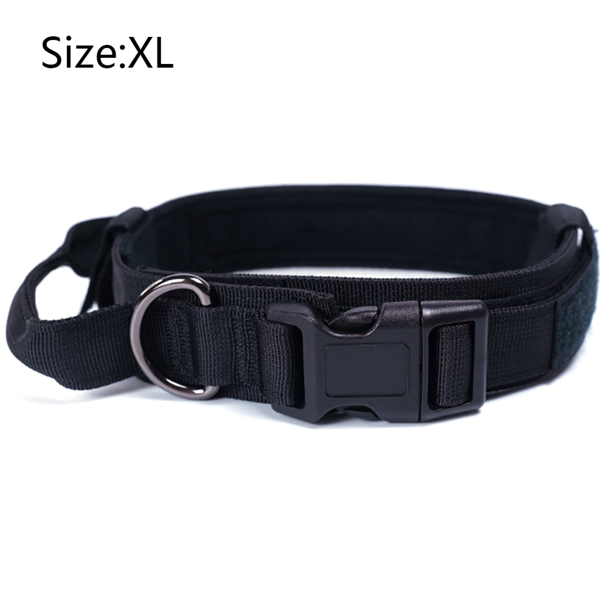 Schwarzes Halsband mit Klickverschluss und Metallring. Größe XL.