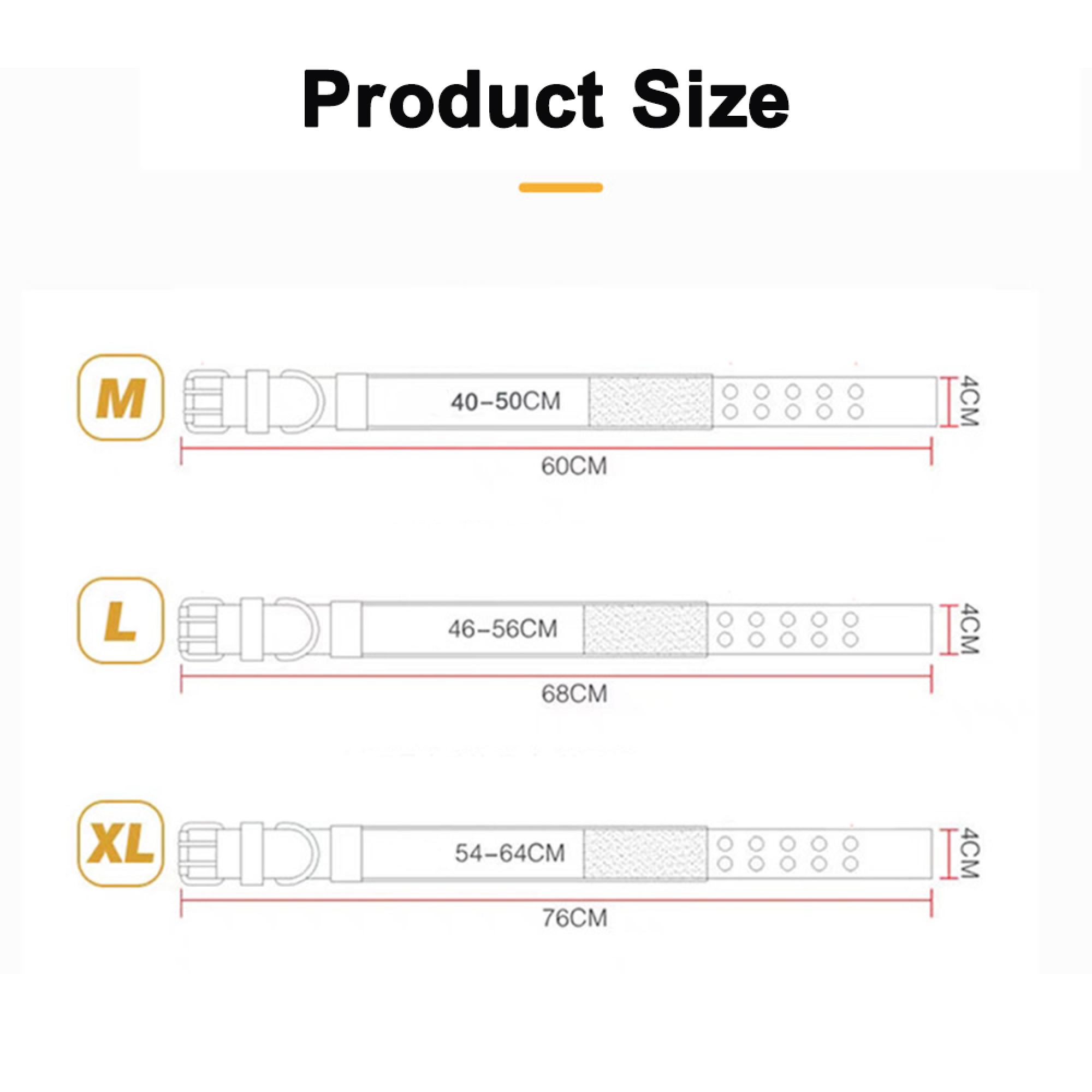Größentabelle für Produkte mit M, L, XL Gürteln und Maßen.