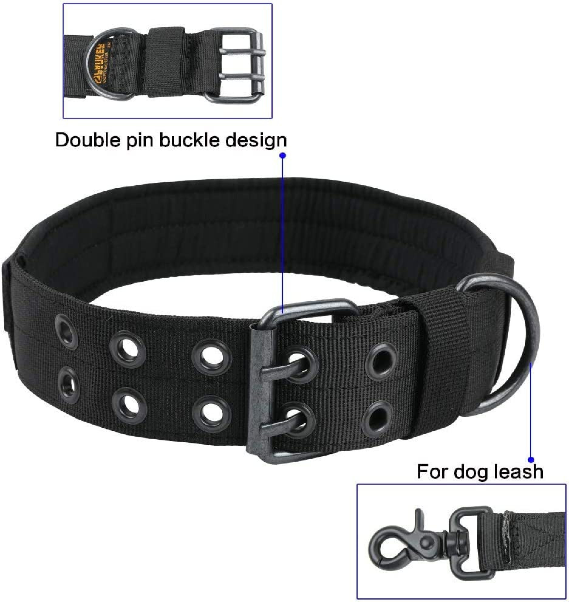 Schwarzer Hundehalsband mit Metallringen und Schnalle.