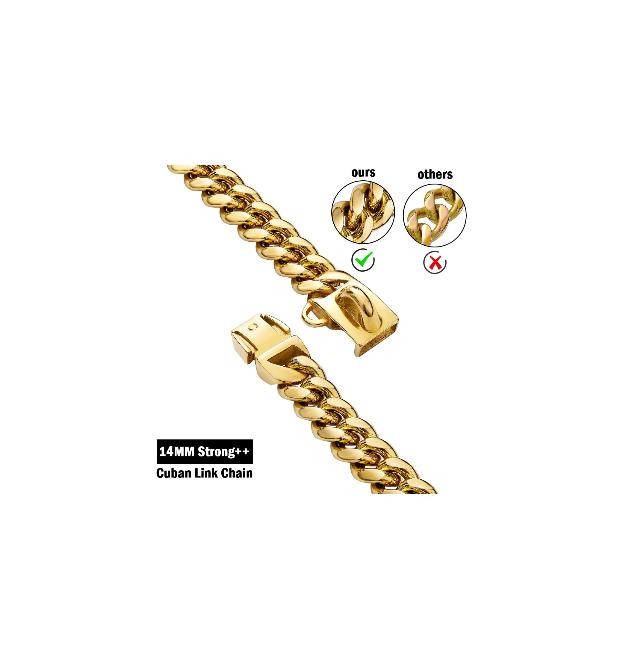 Goldene kubanische Gliederkette mit offenem Verschluss. "Unsere" und "Andere" sind beschriftet.