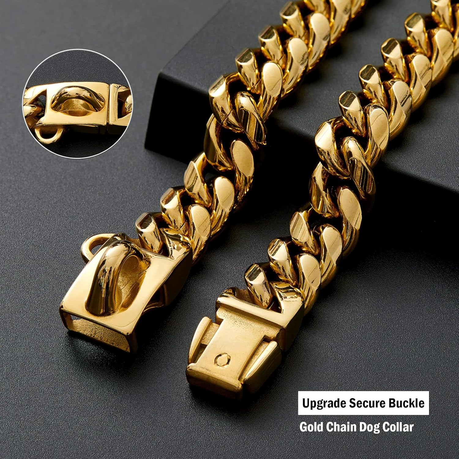 Goldene Hundehalskette mit robustem Verschluss, Nahaufnahme von Gliedern und Schnalle.